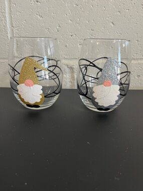 Amy Lee Stemless Gnome Wine Glasses - Gold & Silver Handpainted by Pgh Artist